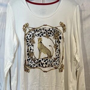Chico's White Long Sleeve Top with Leopard Print Sz.2 L